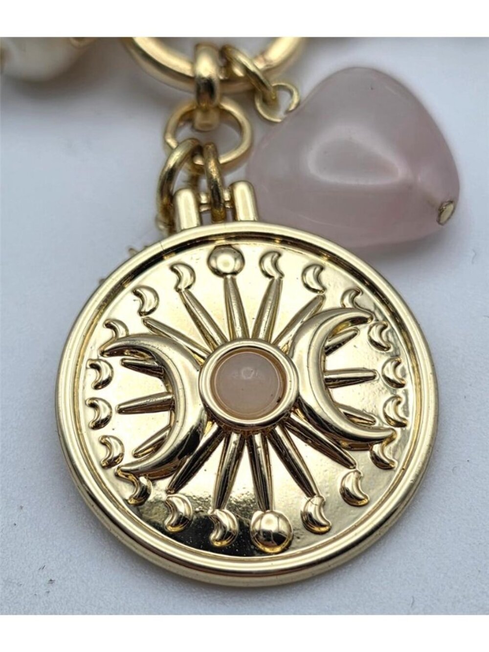Gold Tone Rose Quartz Pearl Celestial Sun Moon Eye Charm Necklace 18 in - Picture 5 of 8